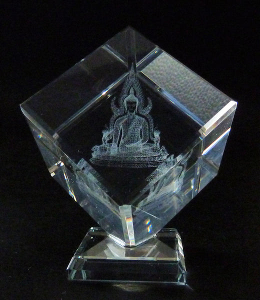 Thai Buddha Laser picture in Square Crystal Prism on Stand