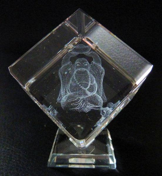 Laughing Buddha Laser Picture in Square Crystal Prism on Stand