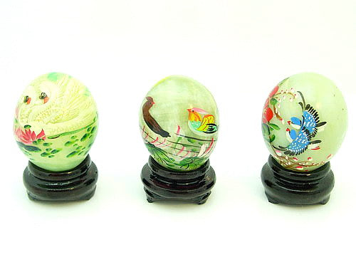 Jade Eggs with Hand Painted Birds and Flowers (Set of 10 Pieces)